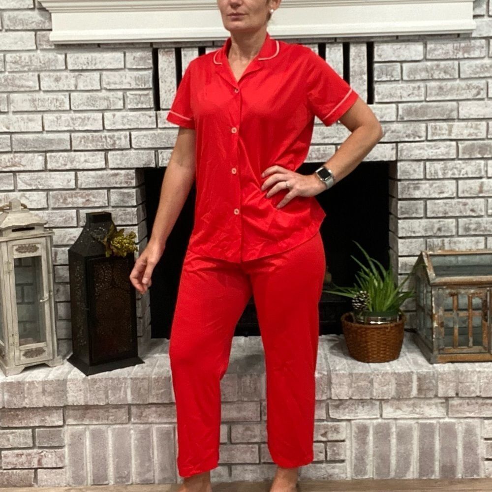 Vintage‎ 70s Lorraine Candy Apple Red Lingerie Pajama Medium Top Pants PJs Nylon